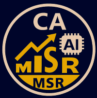 Logo for CA M.S. Roy featuring a circular design with upward chart, AI chip icon, and the letters MSR inside the circle, symbolizing Chartered Accountancy and Smart AI Tools in Finance