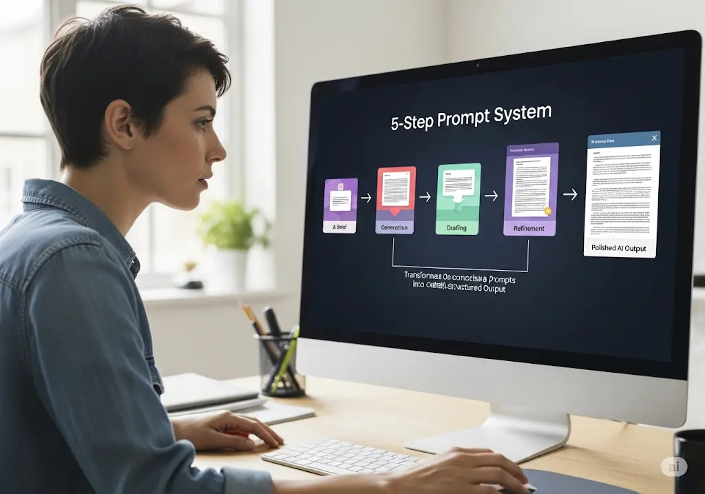 5-step prompt system turning a brief into polished AI outputs