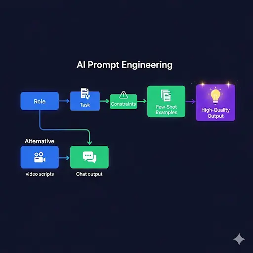 A flowchart-style illustration showing AI prompt engineering: Role → Task → Constraints → Few-Shot
