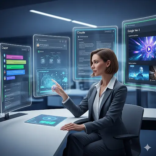 A futuristic digital workspace with AI assistants on multiple screens (ChatGPT text, Claude document, Google Veo 3 video preview).