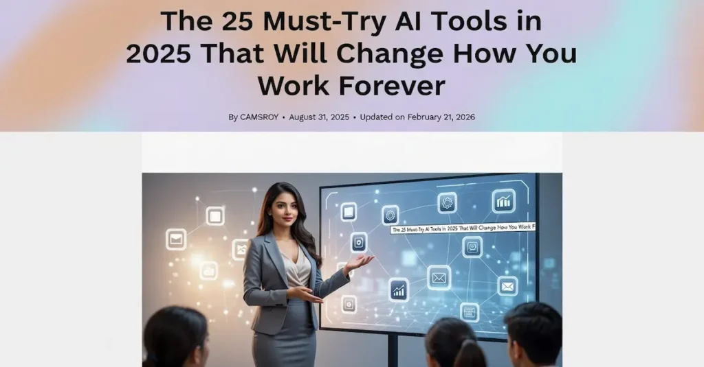 Woman explaining top AI tools for 2025 on a presentation screen showing automation and workflow icons.