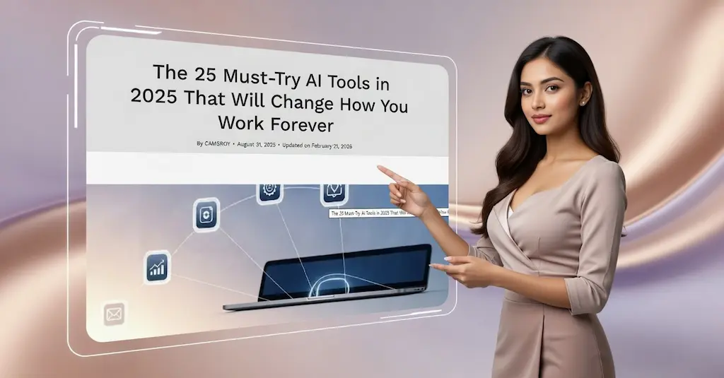 Woman explaining top AI tools for 2025 on a presentation screen showing automation and workflow icons.