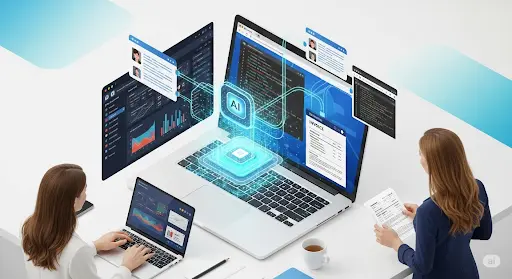AI assistant analyzing spreadsheets, documents, and charts—symbolizing GPT-5’s long context, coding automation, and multimodal capabilities.
