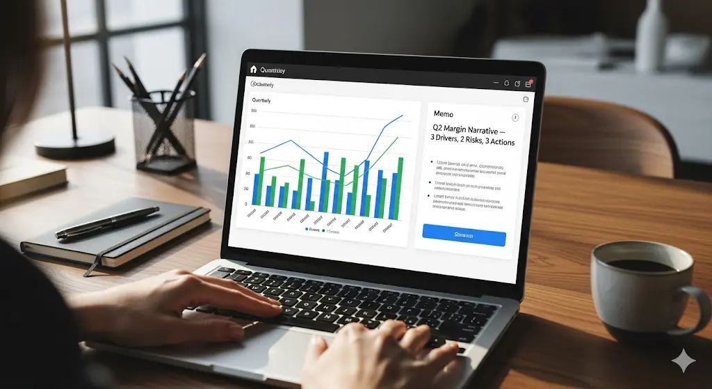 Claude 2025 finance memo narrative with 3 drivers, 2 risks, and 3 actions.