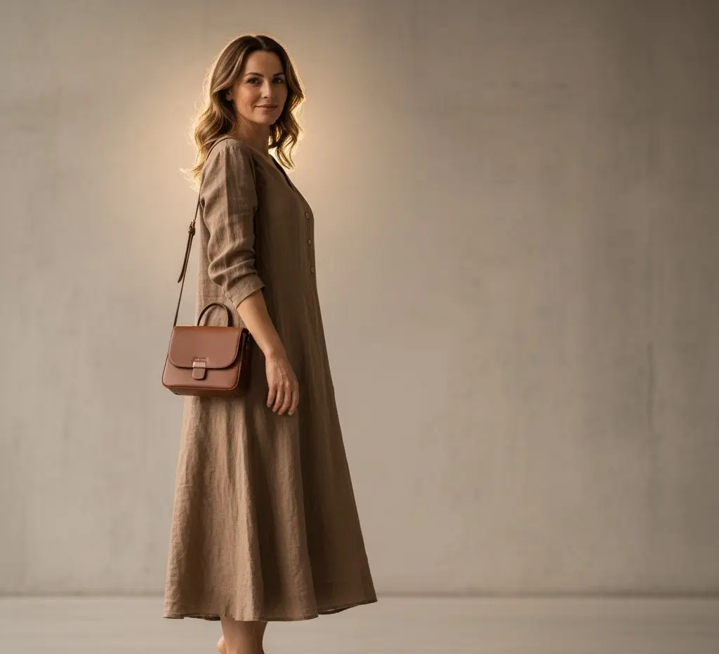 Half-body portrait with dress styled and small tote, soft backlight glow, copy space on right, editorial color grade.