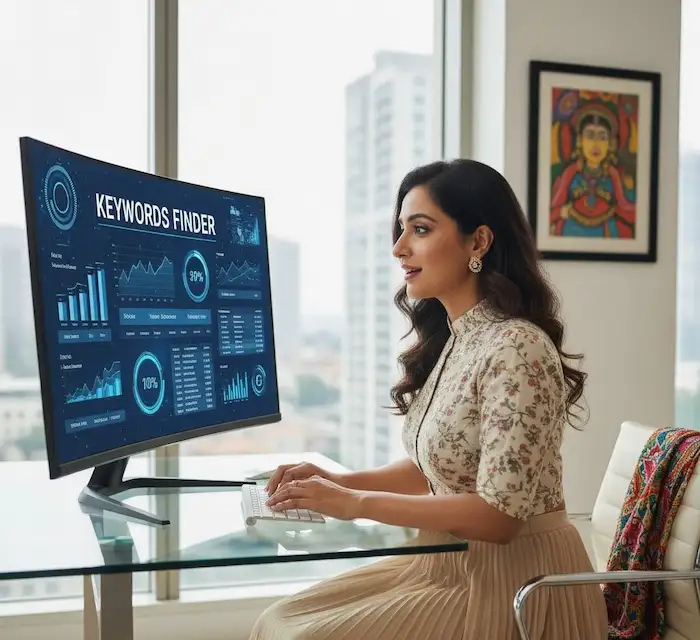 Keyword research tool on CamsRoy with seed input, locale/intent selectors, and Copy/Export CSV actions.