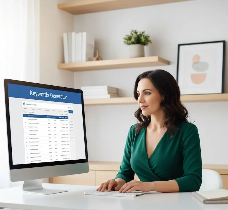 User reviewing keyword suggestions table on a desktop screen.