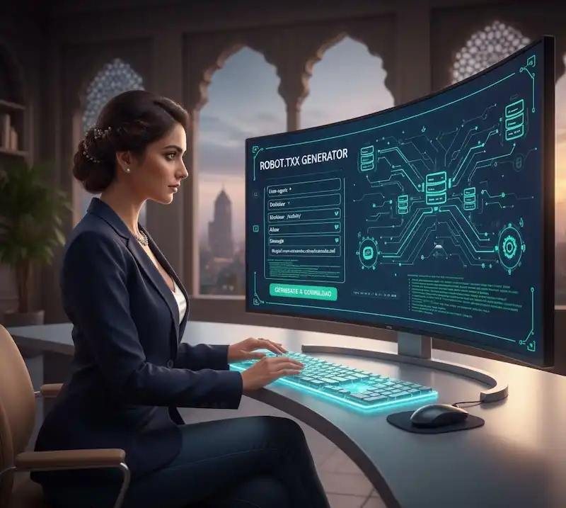 “robots.txt generator for WordPress and Shopify- women is using on her computer screen