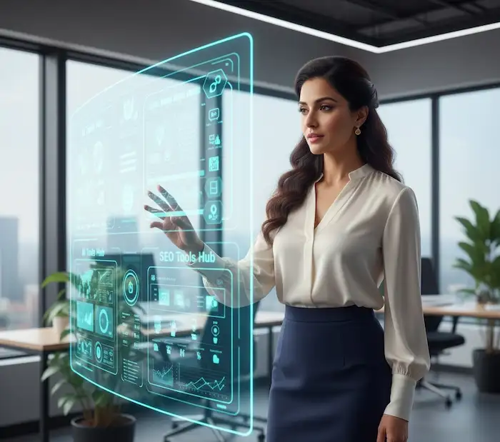 seo tools and ai tools futuristic scene reviewed by women