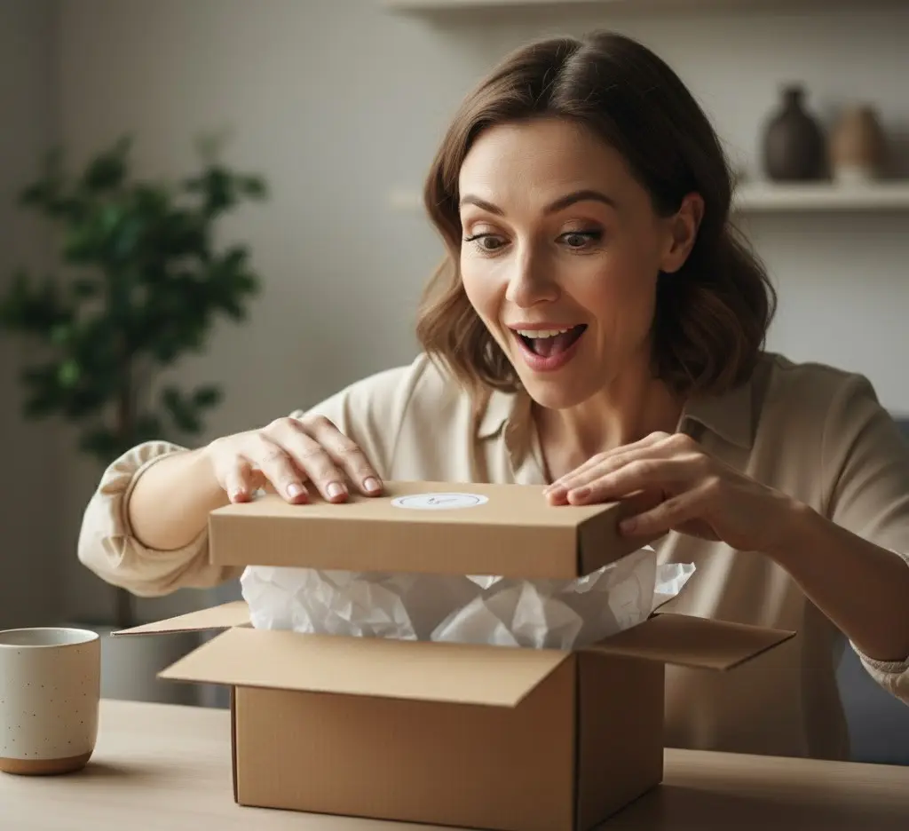 Adult women unboxing moment on table with Wow: hands opening kraft box with tissue and sticker, soft top light, neutral palette, candid documentary feel.