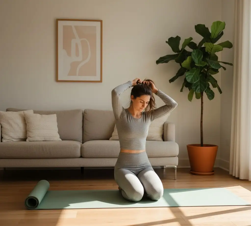 Yoga mat unrolled in living room, adult woman tying hair before workout, warm sunlight stripe across floor, calm minimal styling.