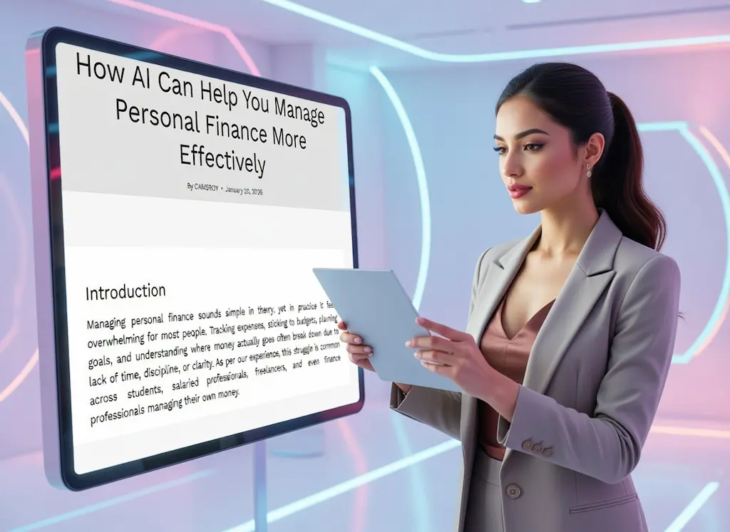 Professional reading an article on how AI helps manage personal finance more effectively