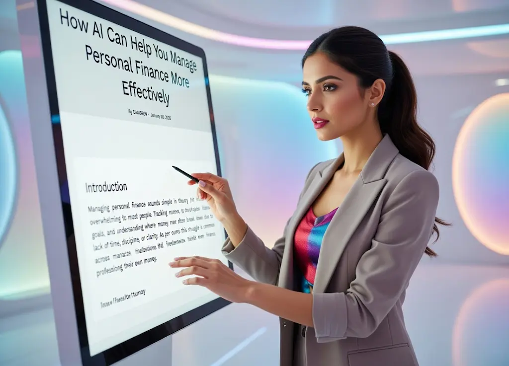 Woman reviewing personal finance insights on a modern digital screen using AI concepts