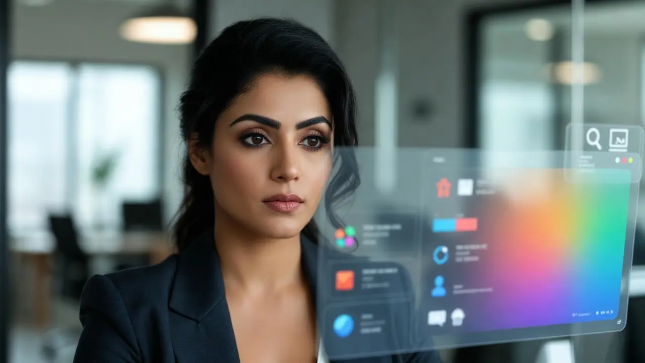 Business professional accessing digital templates and workflow resources on a transparent screen interface