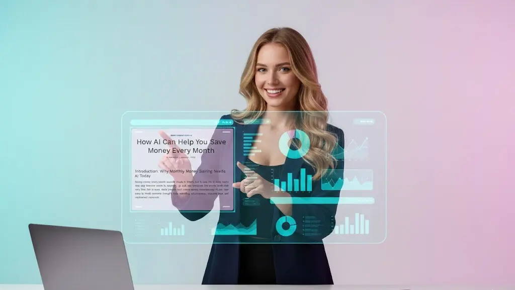 Woman analysing personal finance data using AI money saving tools on a digital screen