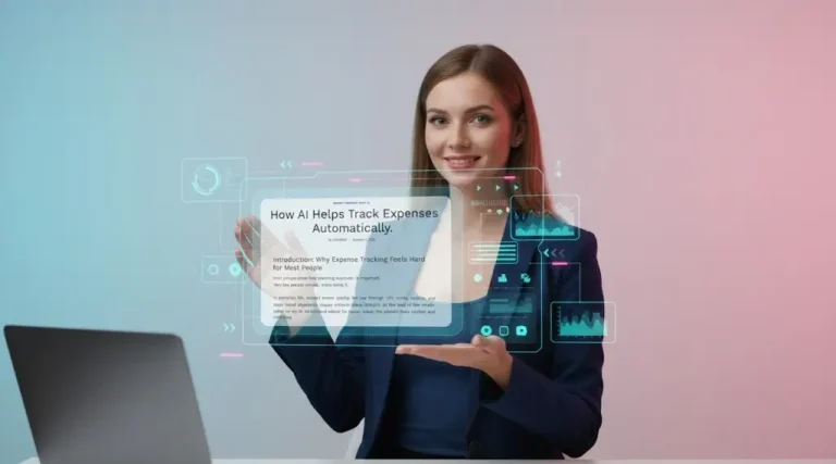 Presenter showcasing an article on AI-based automatic expense tracking