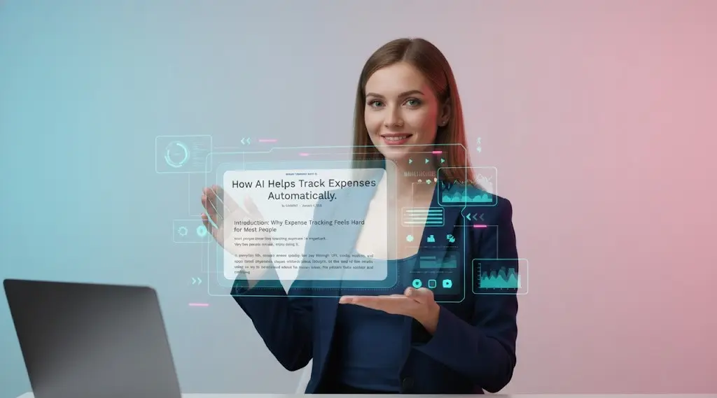 Presenter showcasing an article on AI-based automatic expense tracking