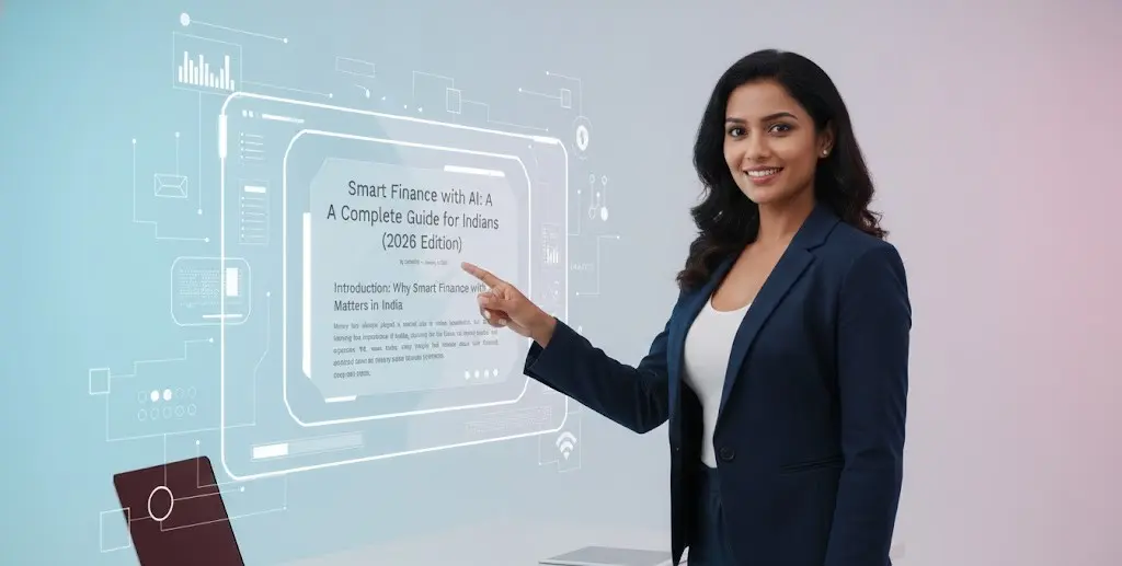 Professional woman presenting a smart finance with AI guide on a digital screen”