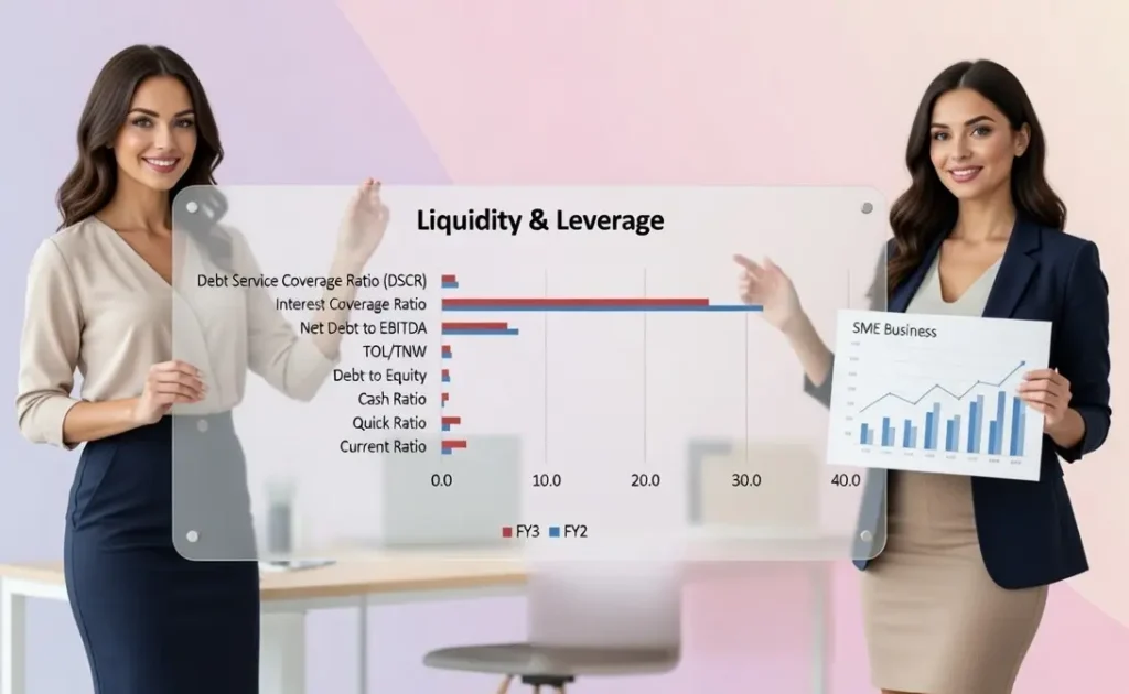 Advanced SME Financial Model Excel Template for Business Planning 4 Advanced SME Financial Model Excel Template liquidity and leverage analysis dashboard showing DSCR and debt ratios.