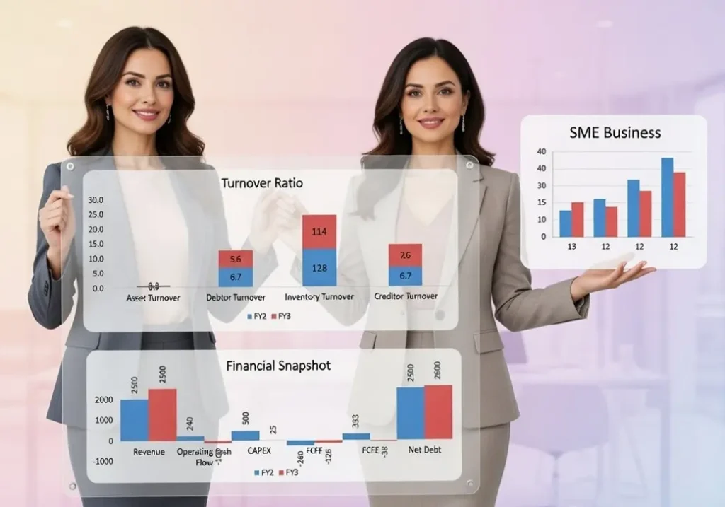 Advanced SME Financial Model Excel Template for Business Planning 8 SME Financial Planning Excel Template showing efficiency ratios and financial trend analysis.