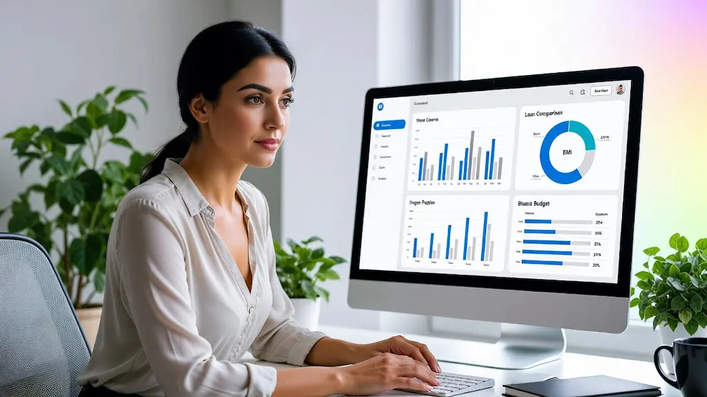 AI Loan Planning Tools in India (2026 Guide to Reducing EMI & Interest) 1 Indian professional woman using AI loan planning tools on laptop to analyze EMI and financial charts