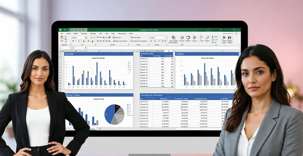Templates 4 Large monitor displaying budgeting and cash flow dashboard for SME reporting