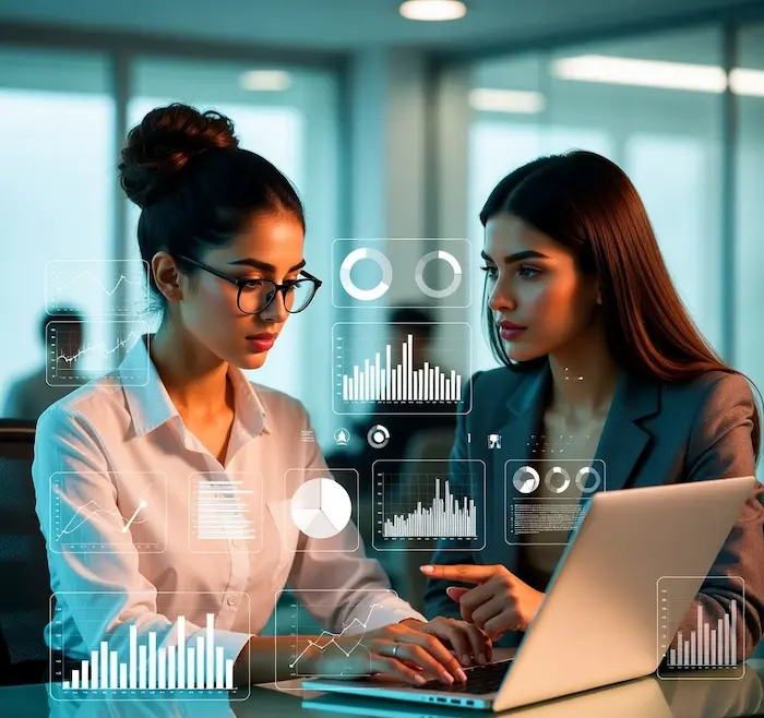 Home 15 professional analyzing financial data on a laptop, with subtle digital data overlays and transparent charts floating around the screen.