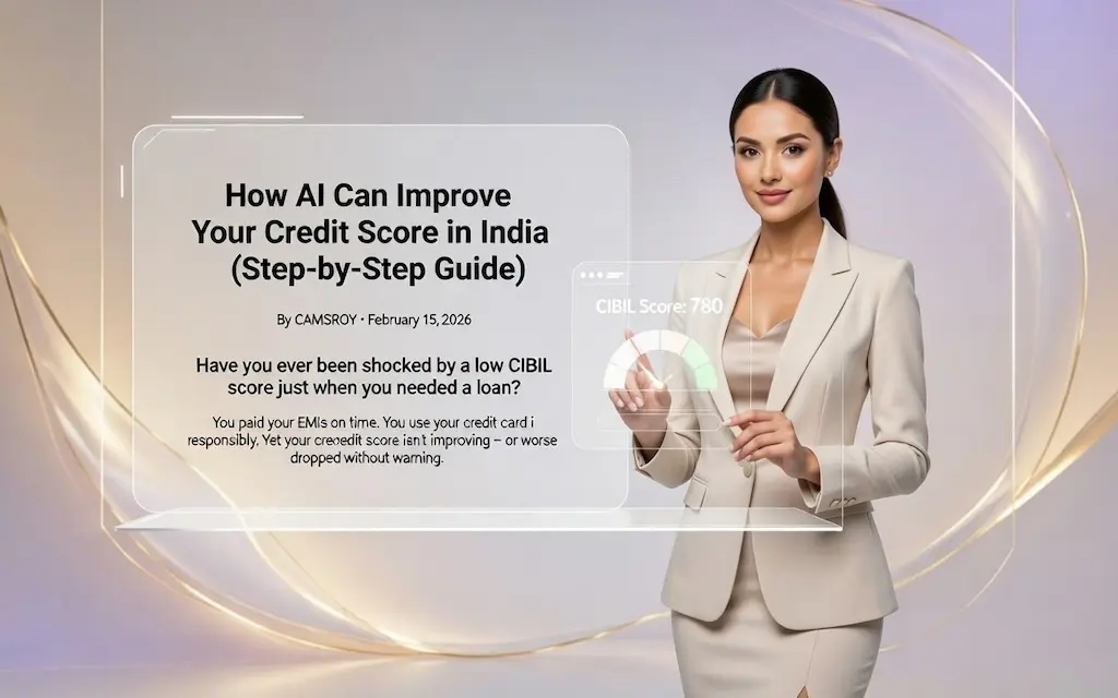 How AI Can Improve Your Credit Score in India (Step-by-Step Guide) 3 AI credit score improvement concept with professional woman explaining how to increase CIBIL score in India
