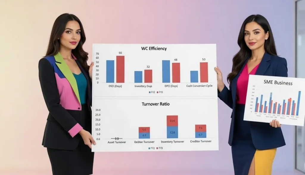 Advanced SME Financial Model Excel Template for Business Planning 6 SME Financial Model Excel dashboard displaying performance ratios and financial comparison charts.