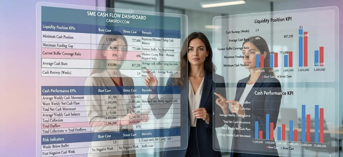 13 Week Cash Flow Forecast Excel Template for SMEs (With Risk & Stress Testing) 11 SME financial planning dashboard with automated liquidity risk assessment and funding gap insights