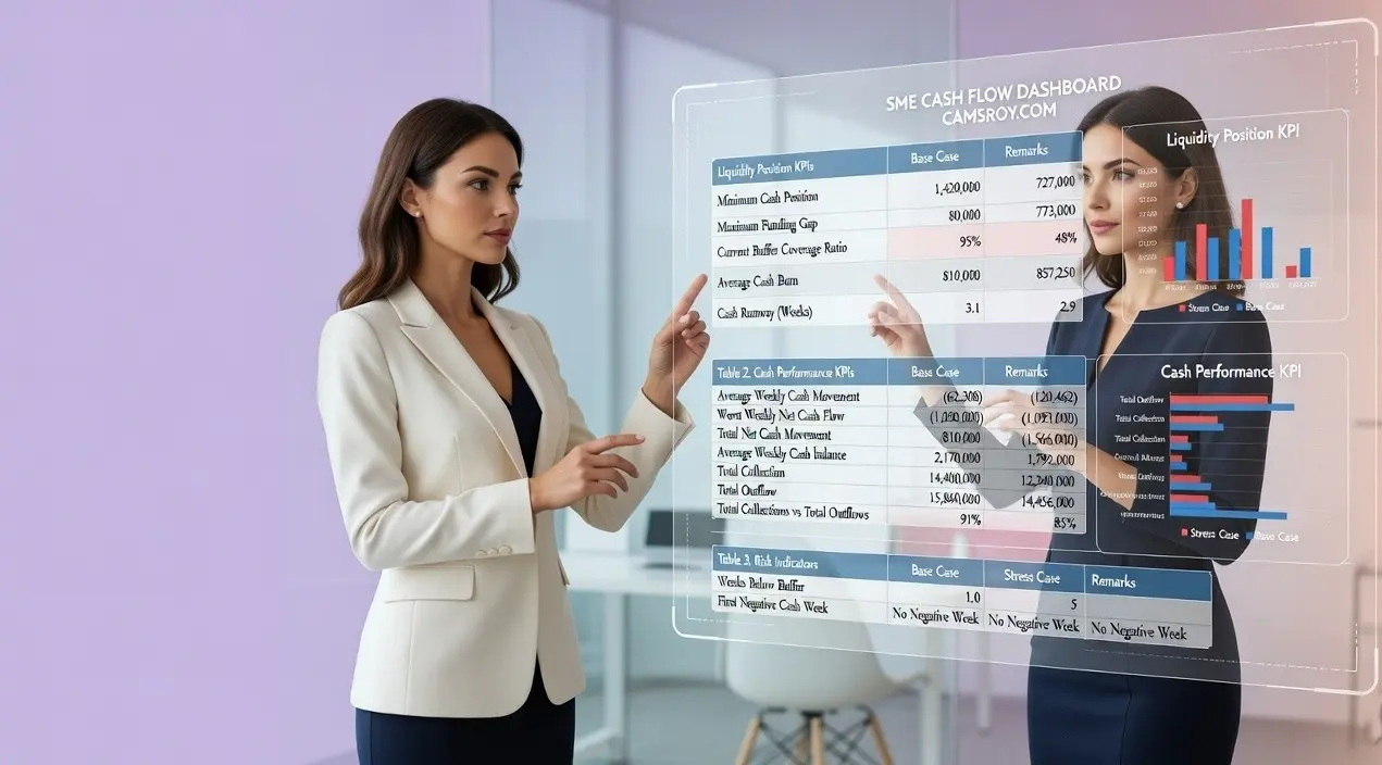 13 Week Cash Flow Forecast Excel Template for SMEs (With Risk & Stress Testing) 3 sme cash flow dashboard liquidty