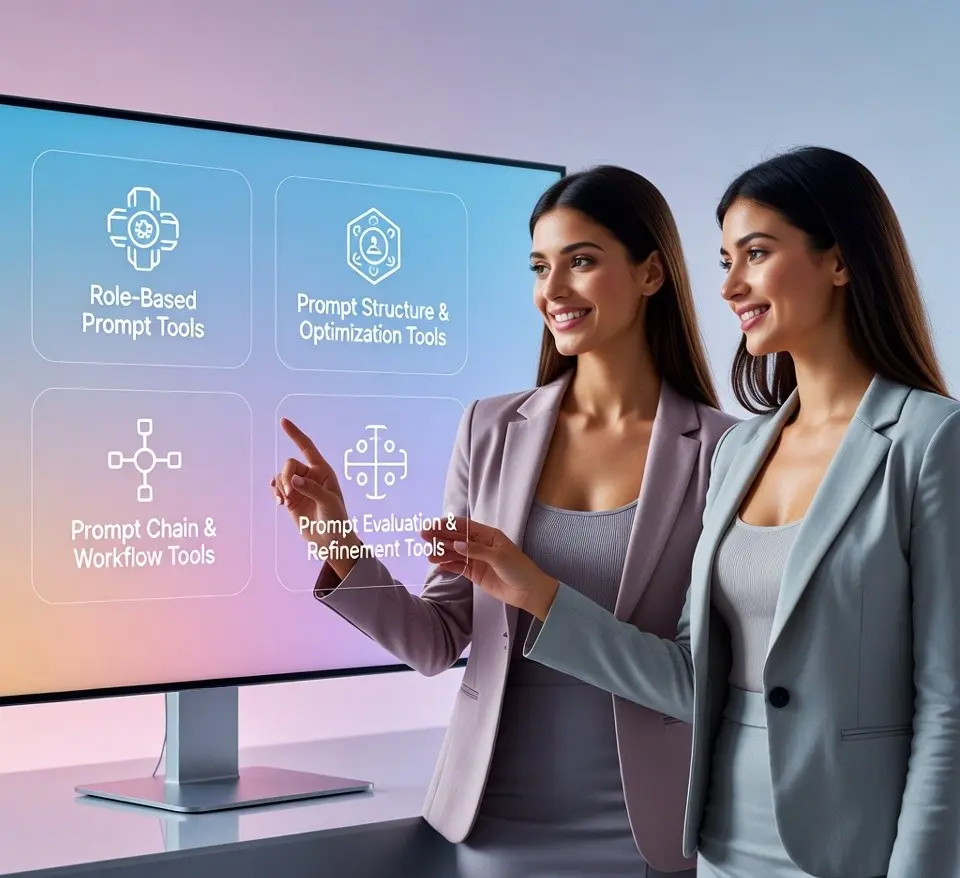 Professionals analyzing AI prompt engineering tools dashboard for improved AI response consistency