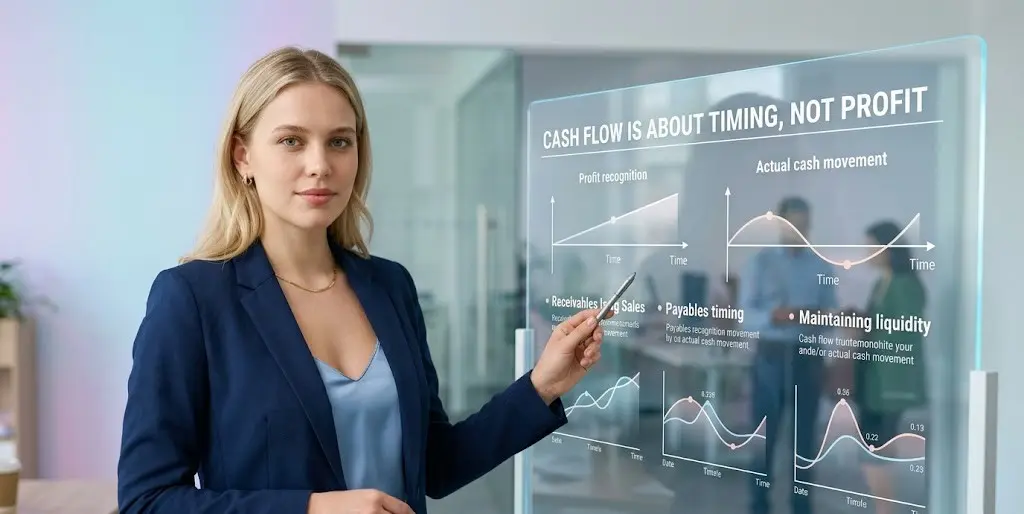 WOMEN EXPLAING THE Cash Flow is About Timing, Not Profit ON MODERN SCREEN