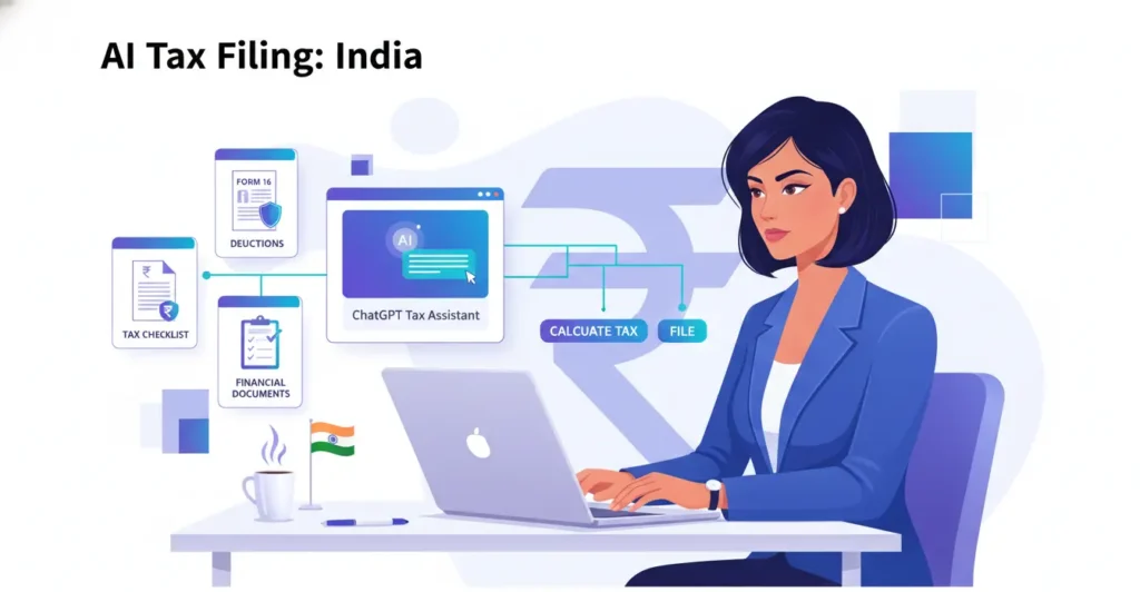 Businesswoman using AI assistant for ITR filing and tax document management