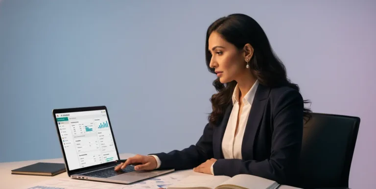 Professional woman using AI for tax planning in India on laptop