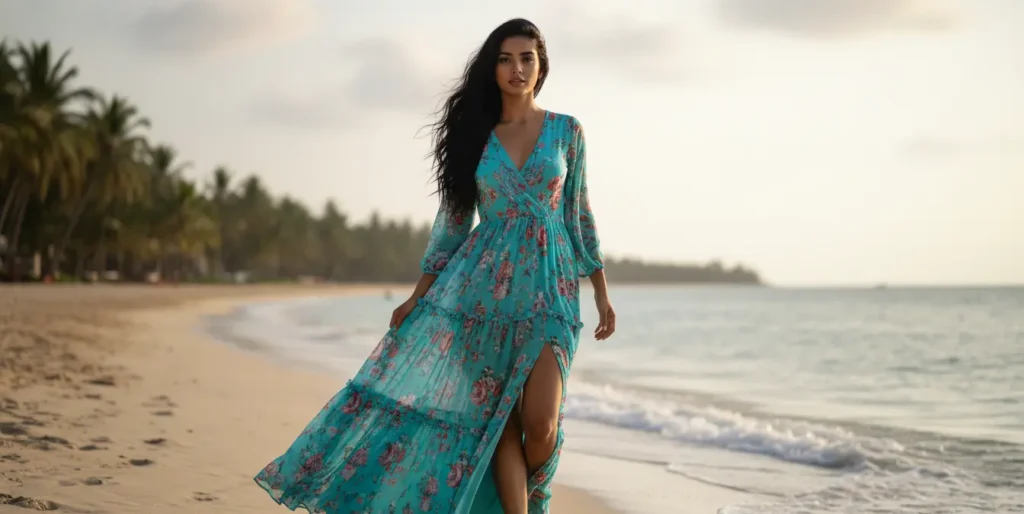 long wavy black hair, flawless glowing skin, perfect body proportions, wearing a stunning turquoise floral bohemian maxi dress
