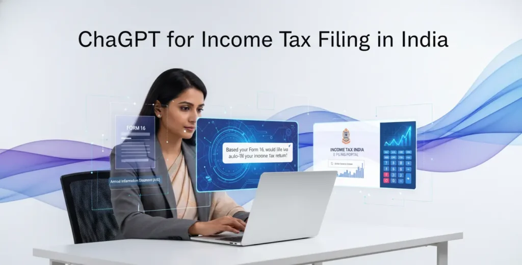 Indian professional using ChatGPT for income tax filing and AI tax workflow assistance