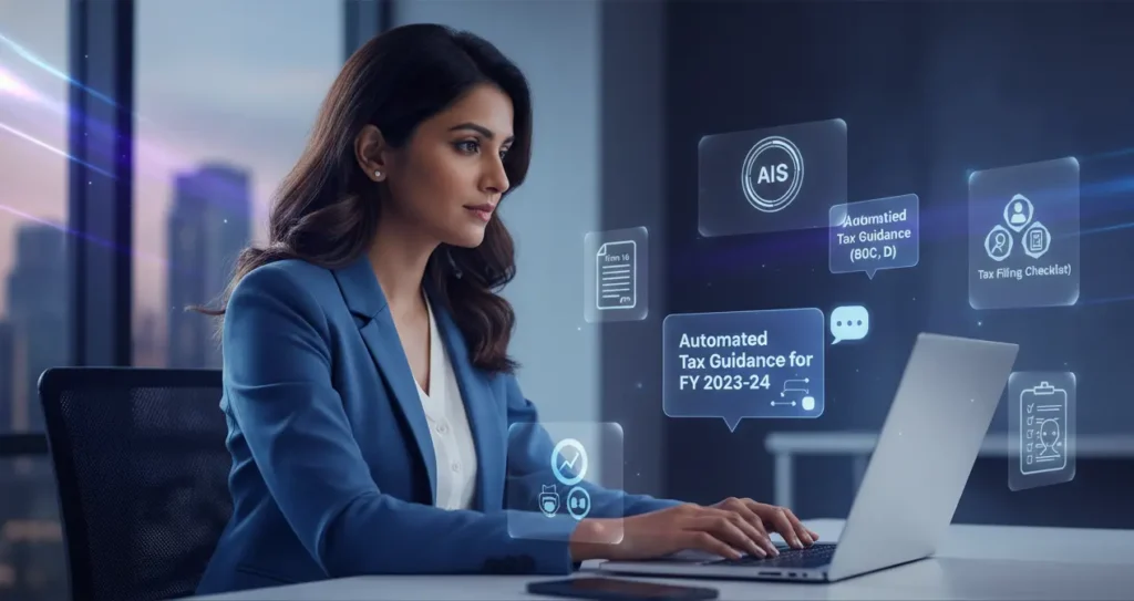Professional using AI-powered tax filing assistant on laptop during income tax preparation
