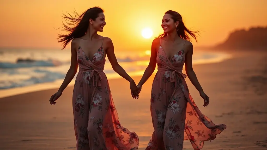 Two elegant Indian fashion models wearing matching floral maxi dresses, laughing and walking