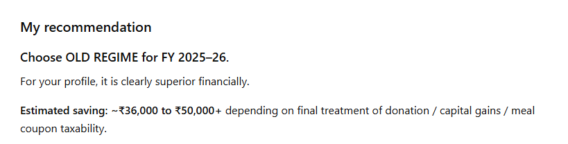 AI response against prompt for analysis of which tax regime is better.