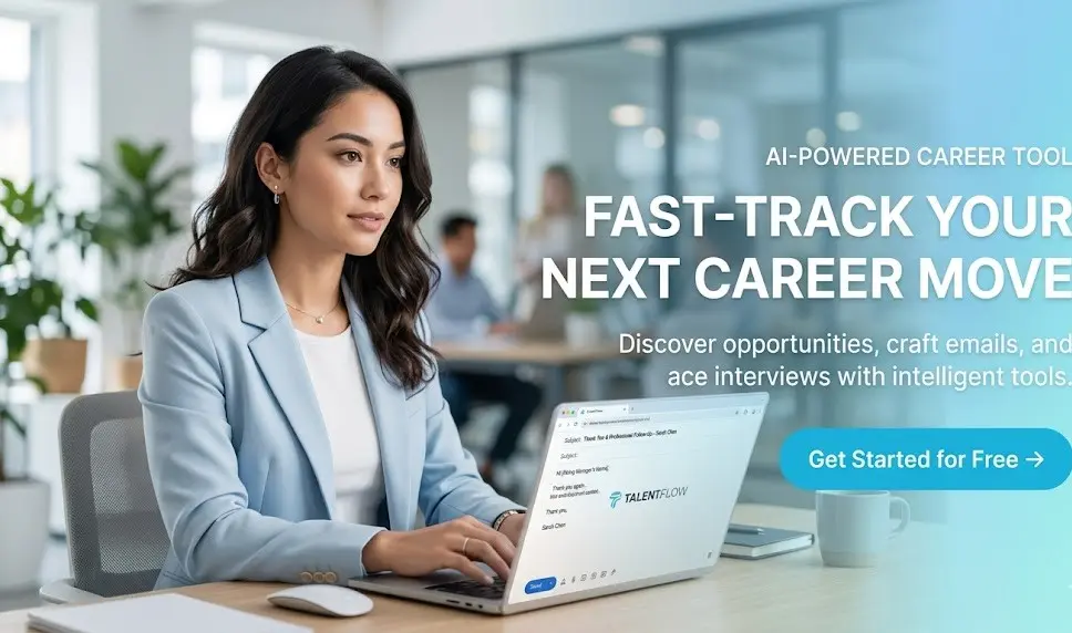 Modern AI-powered career tool banner showing professional email communication after interview