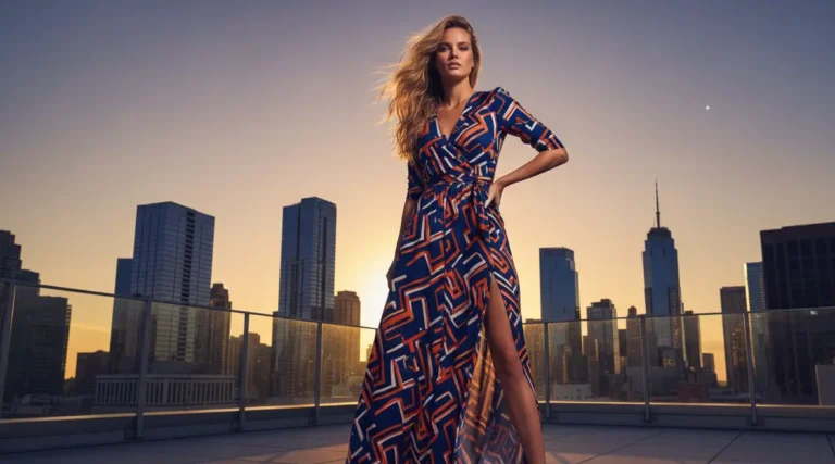 AI Maxi Dress Prompt Pack created luxury geometric print maxi dress fashion advertising visual on rooftop skyline