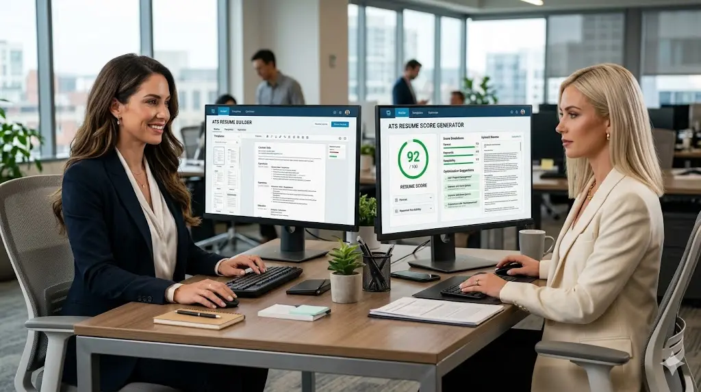 Professionals using online career tools including resume builder and resume score checker to improve resumes