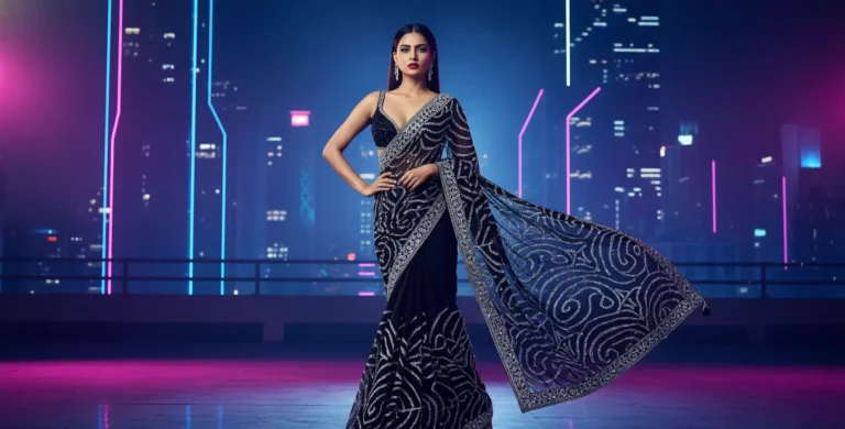 Luxury Saree AI Prompt Pack for futuristic bridal fashion photography and cinematic ethnic fashion campaigns