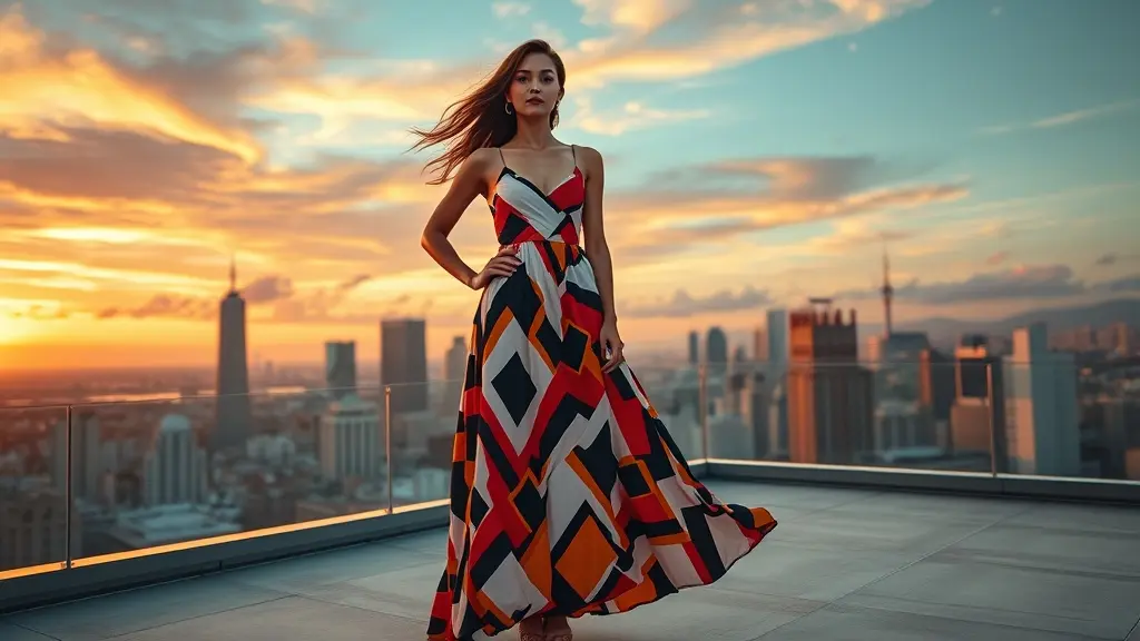 Modern fashion model wearing a bold geometric print maxi dress, standing confidently on a stylish rooftop