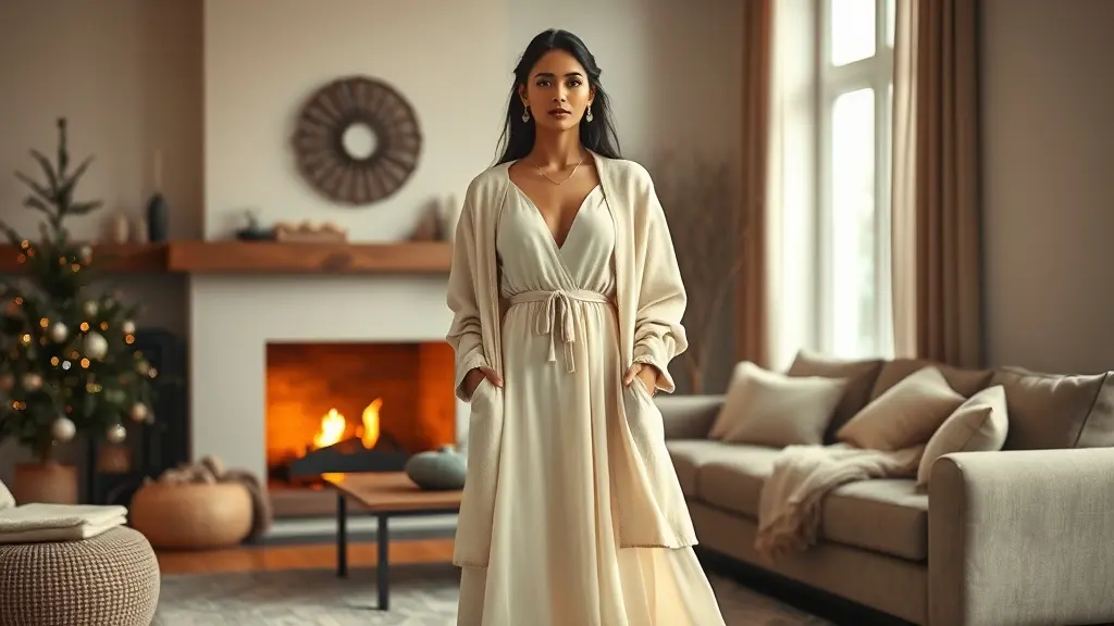 Elegant Indian fashion model wearing a cream long-sleeve maxi dress