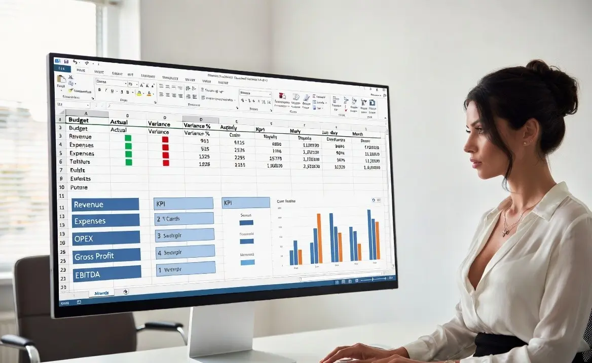 Monthly Business Budget vs Actuals Excel Template for tracking revenue, expenses, and profit across the financial year