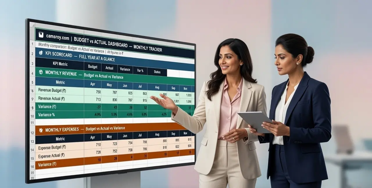 Variance Analysis Excel Template dashboard showing budget vs actual KPIs, revenue, expenses, EBITDA, and variance metrics