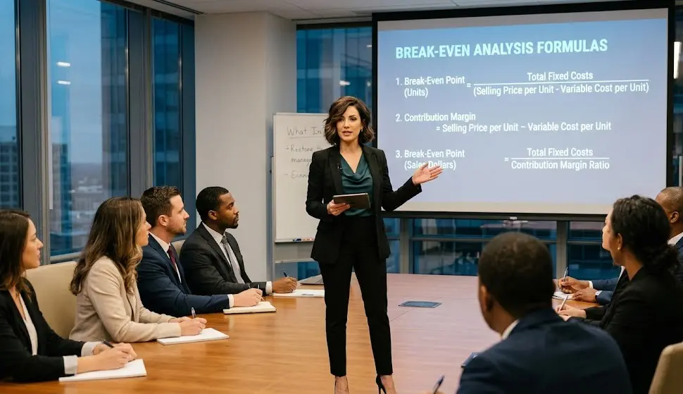 women explaining the key formulla is being used in break even analysis