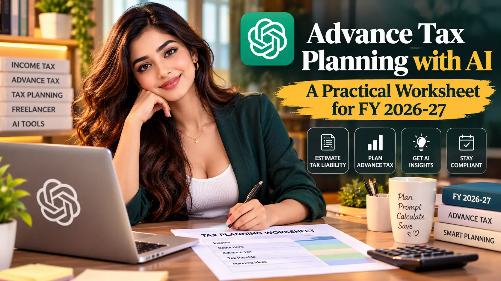 Advance Tax Planning with AI practical worksheet for FY 2026-27, featuring a professional woman reviewing tax calculations, advance tax planning, and AI-assisted tax planning tools.